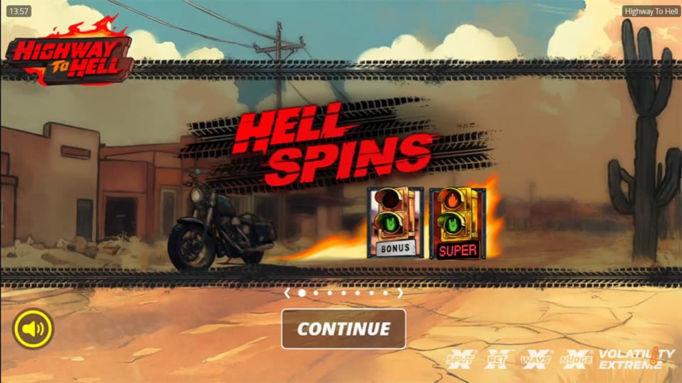 Feature introduction screen for Highway to Hell slot with biker mascot, game volatility and up to 38,000x win potential.