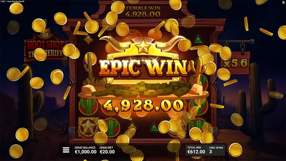Epic Win message with gold coins flying around and €4,928.00 payout during night-time bonus round.