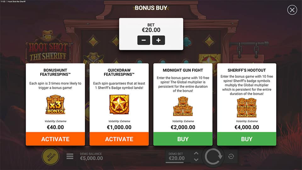 Bonus buy menu with 4 purchase options including Quickdraw and Sheriff’s Hootout.