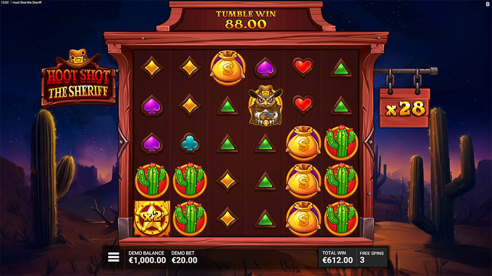 Reels showing golden sheriff badge symbol next to cacti and money bags, with x28 multiplier on sideboard.