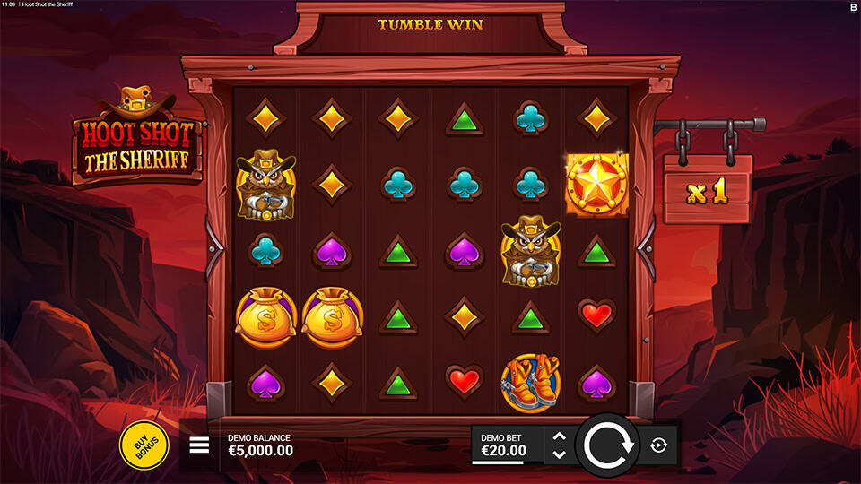 Base game reels with cowboy owls, golden bags, sheriff badges and a x1 multiplier displayed to the side.