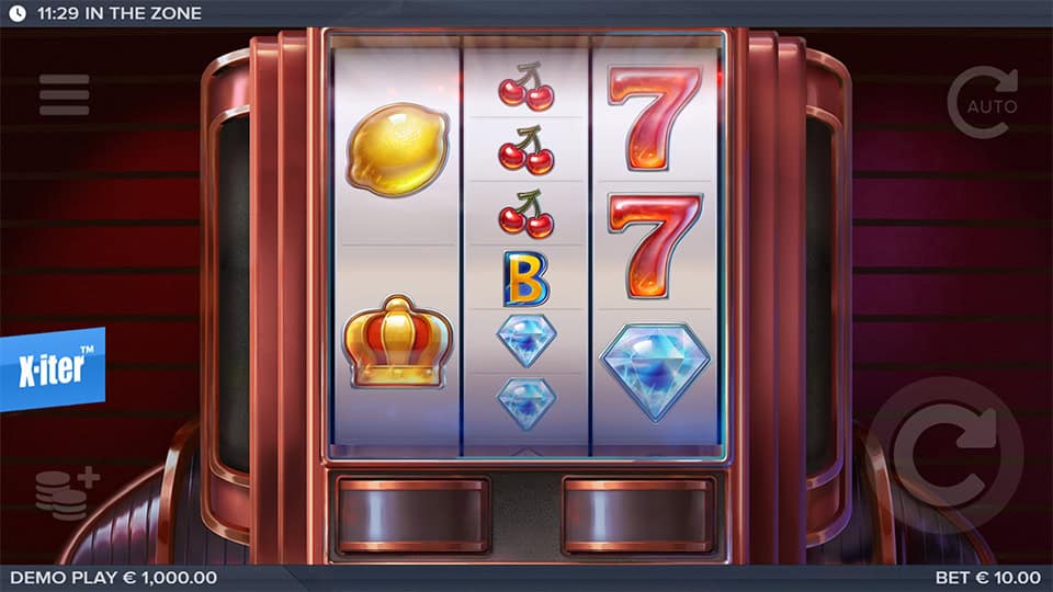 Preview of In the Zone slot showing the reels with classic slot symbols like lemons, bells and sevens.