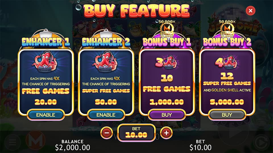 Buy Feature in Jawsome slot offering Enhancer 1 for x2, Enhancer 2 for x5, Free Games for x100 and Super Free Games for x500 the bet.