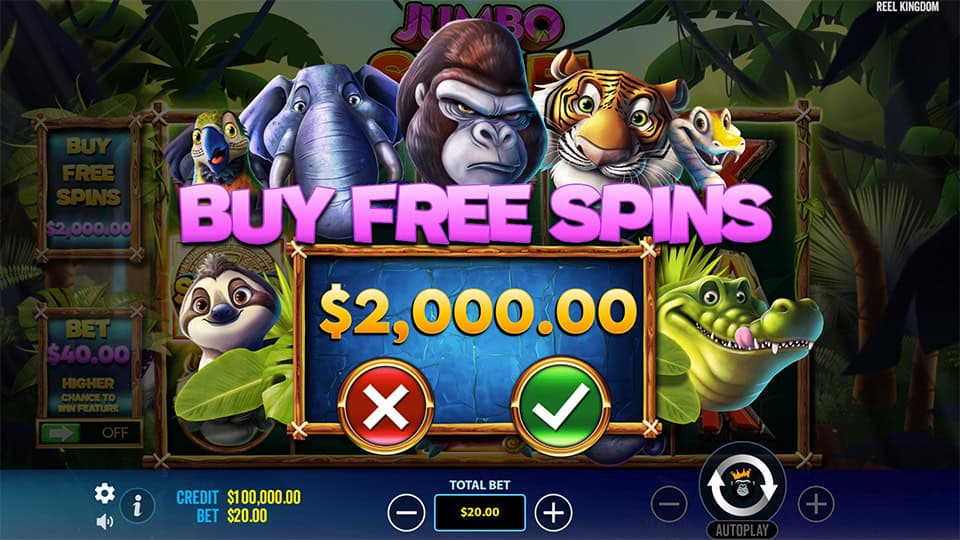 Feature buy screen in Jumbo Safari offering free spins for x100 the bet.