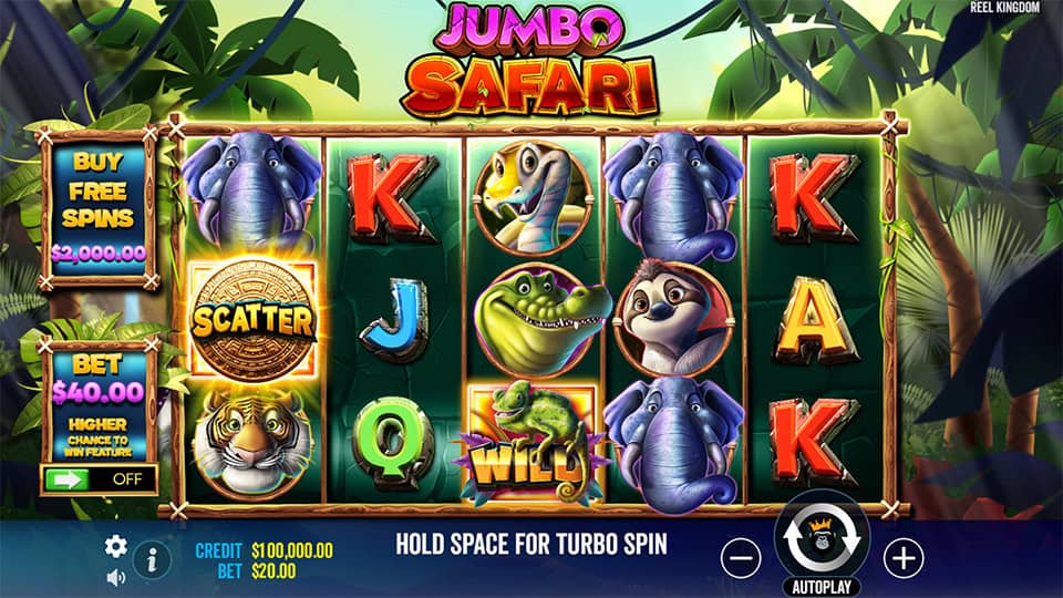 Base game screen of Jumbo Safari with vibrant animal symbols, scatter coins and classic card icons on a 5x3 reel set.