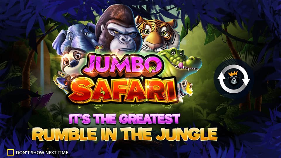 Intro screen for Jumbo Safari with jungle-themed graphics and the tagline "It’s the Greatest Rumble in the Jungle" under animal portraits.