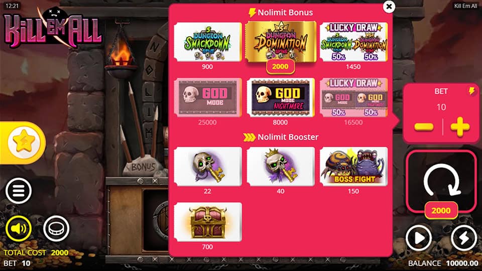 Kill Em All buy feature screen with Nolimit Bonus buy and multiple booster options displayed.