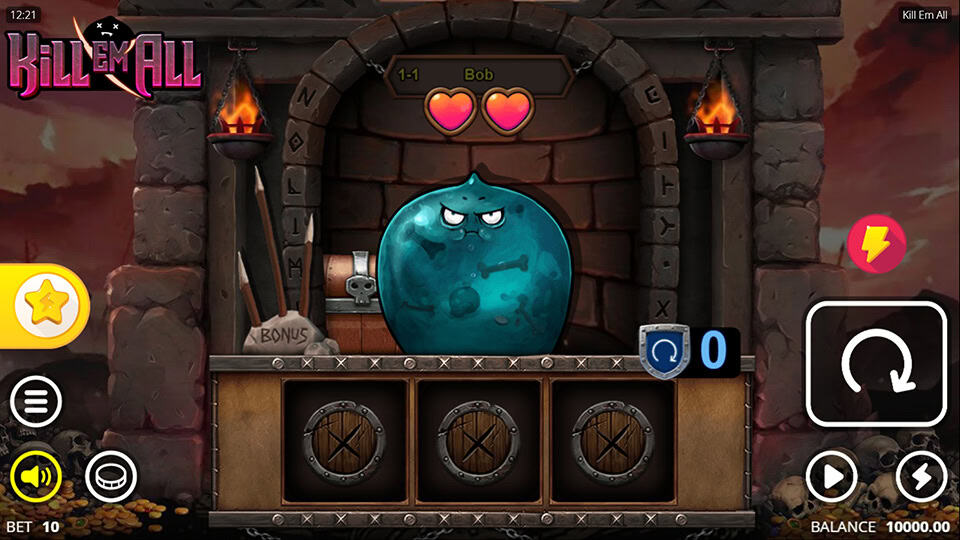 Kill Em All slot grid with chaotic symbol layout, explosive items and urban punk theme.