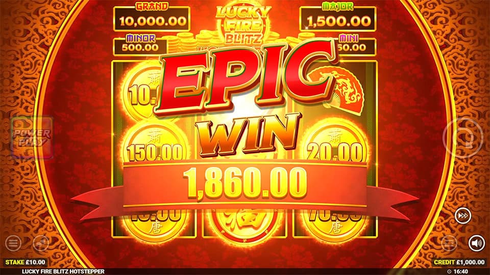 “Epic Win” animation with a red banner showing 1,860.00, surrounded by gleaming gold coins and jackpot meters glowing above.