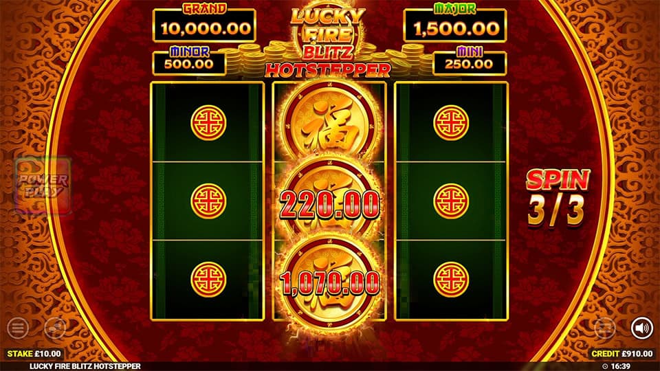 Slot screen with glowing gold coins landing on reels, showing collected values like 220.00 and 1,070.00 in the bonus game final spin.