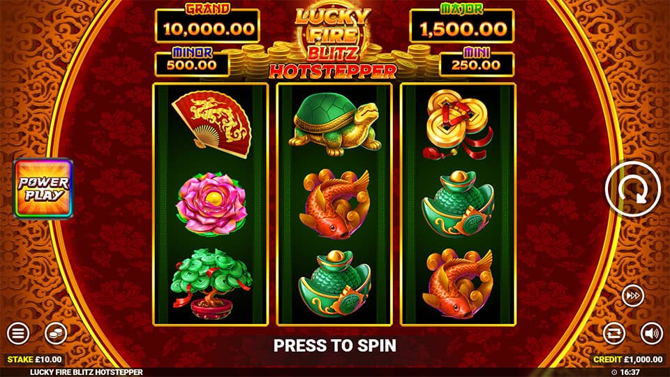 Game screen with vibrant reels featuring koi fish, fans, turtles and bonsai trees, beneath jackpot meters and Power Play button.
