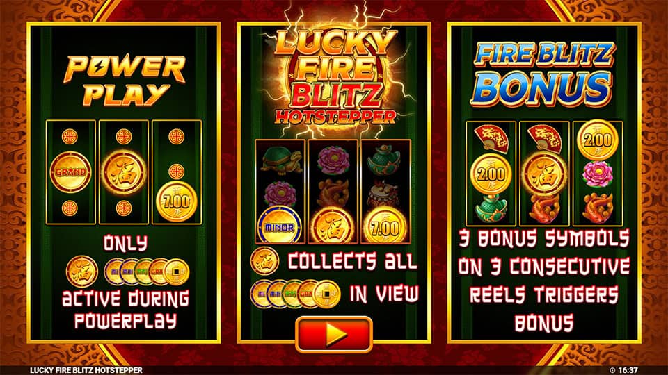 Game introduction panel explaining Power Play, Hotstepper collection mechanic and Fire Blitz Bonus trigger with bold visuals.