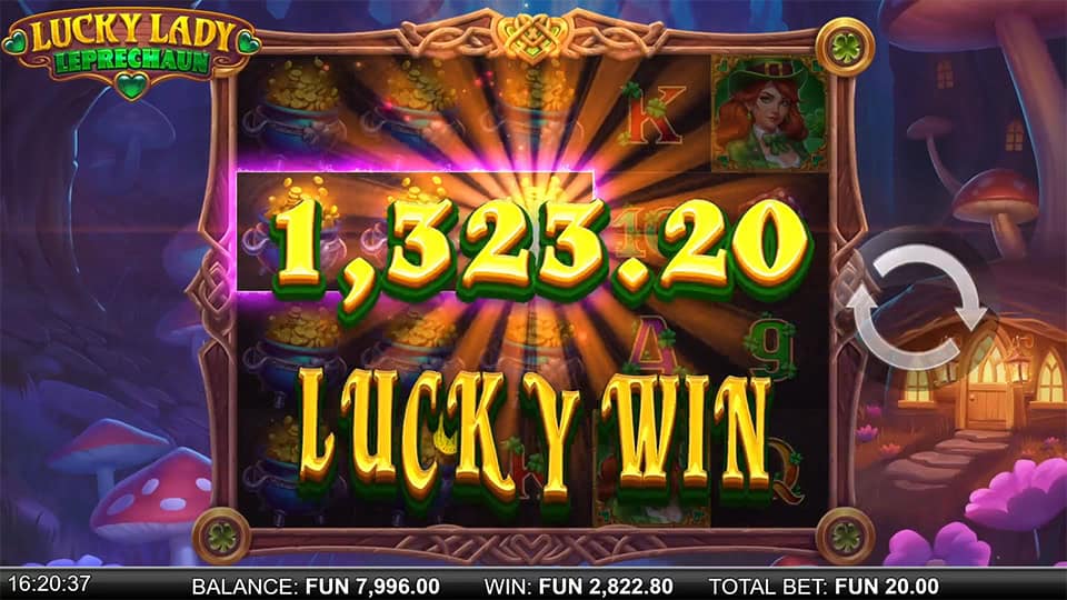 “Lucky Win” splash with a 1,323.20 payout, golden light rays and background reels filled with pot-of-gold symbols.
