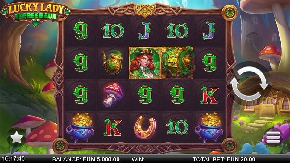 Gameplay screen with clovers, coins, card symbols and a leprechaun lady character on a wooden-framed grid in a forest clearing.