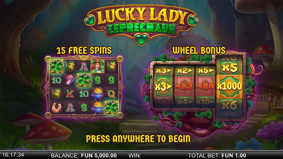 Game introduction showing Lucky Lady Leprechaun reels and Wheel Bonus with multipliers up to x1000, alongside 15 Free Spins display.