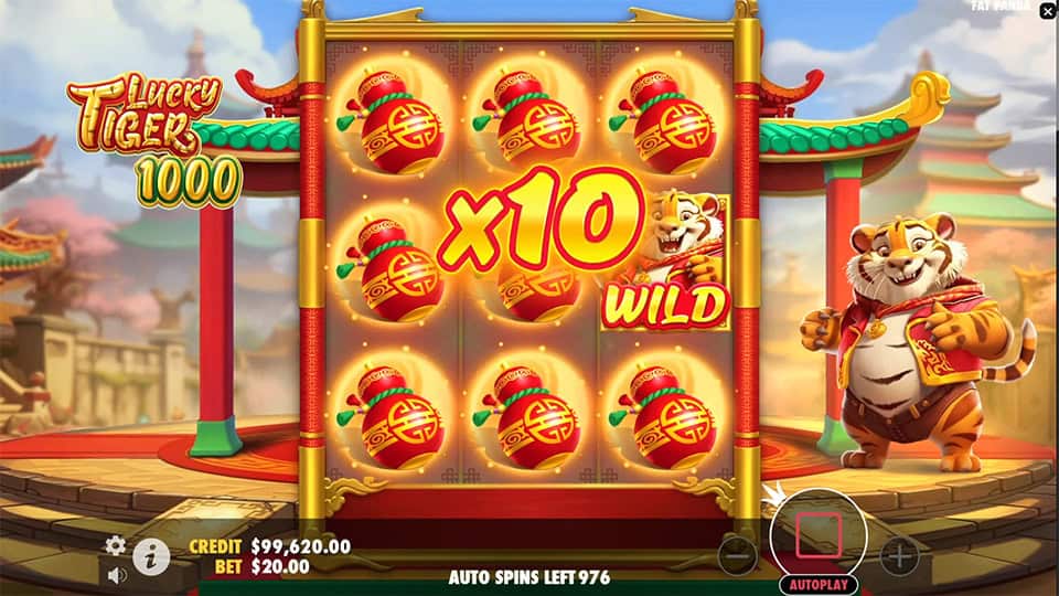 Game screen showing full grid of red lantern symbols and a x10 wild multiplier in Lucky Tiger 1000 slot.