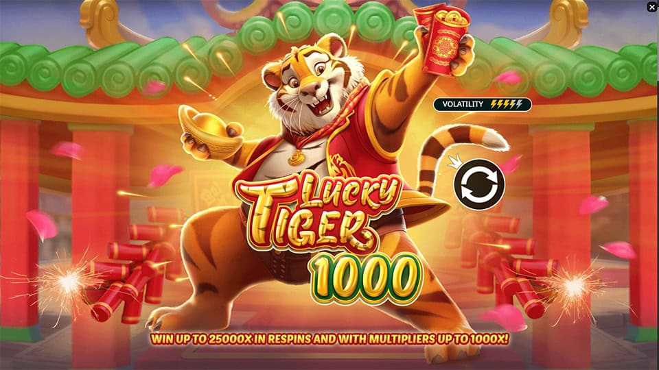 Homepage for Lucky Tiger 1000 slot with game features, volatility and the tiger mascot promoting up to 25,000x win potential.
