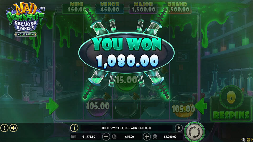 Win screen showing €1,080 prize during Hold & Win with green slime and syringe visuals.