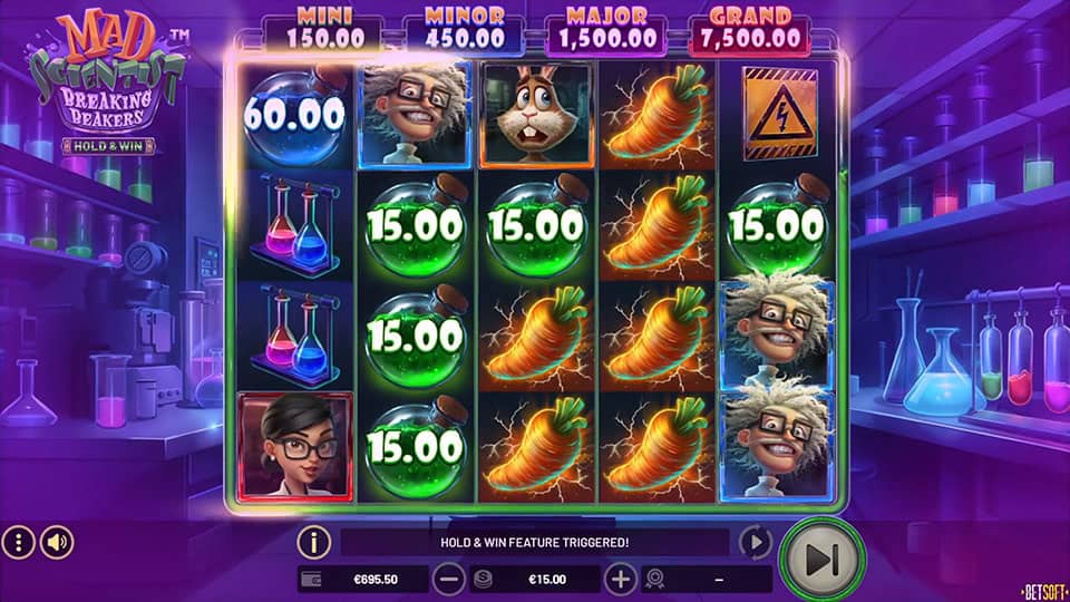 Game screen with 6 beaker symbols triggering the Hold & Win bonus.