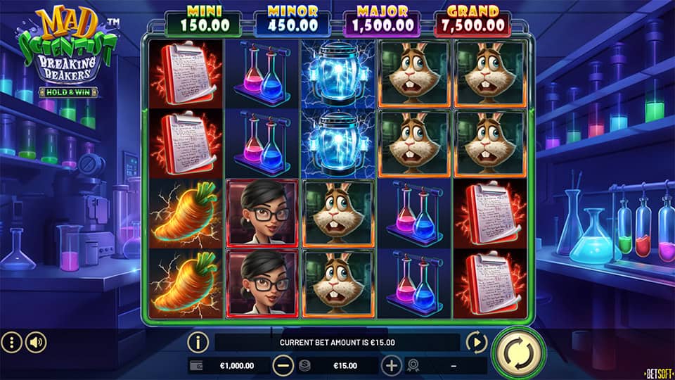 Base game screen with carrot, hamster, scientist and glowing flask symbols under jackpot tiers.