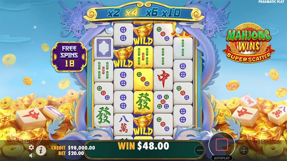 Bonus round with gold bowl wilds and stacked mahjong symbols.