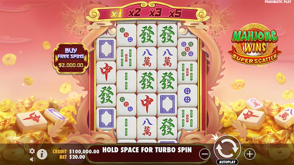 Base game screen with mahjong tiles, multiplier banners and bonus buy option.