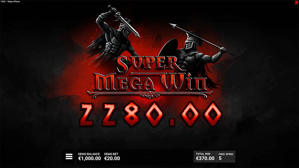 Reign of Rome Super Mega Win screen showing €2,280 with two warriors and red background