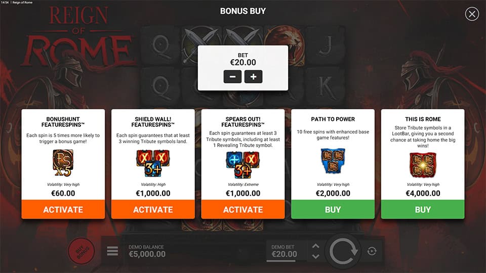 Reign of Rome bonus buy screen with 5 different options including This is Rome and FeatureSpins