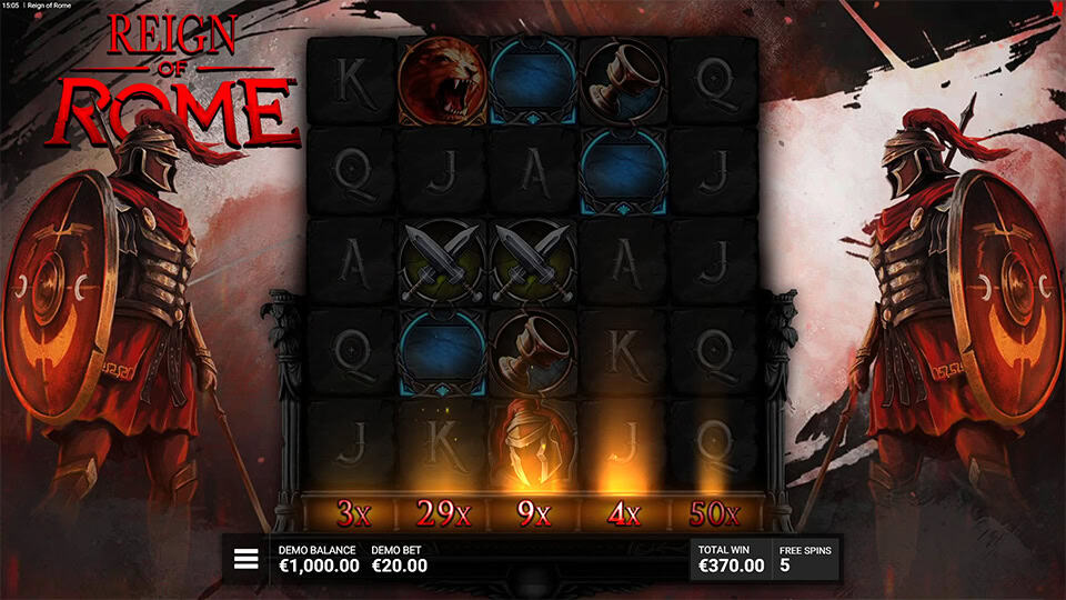 Reign of Rome LootLine mechanic showing tribute symbols combining multipliers on the reels