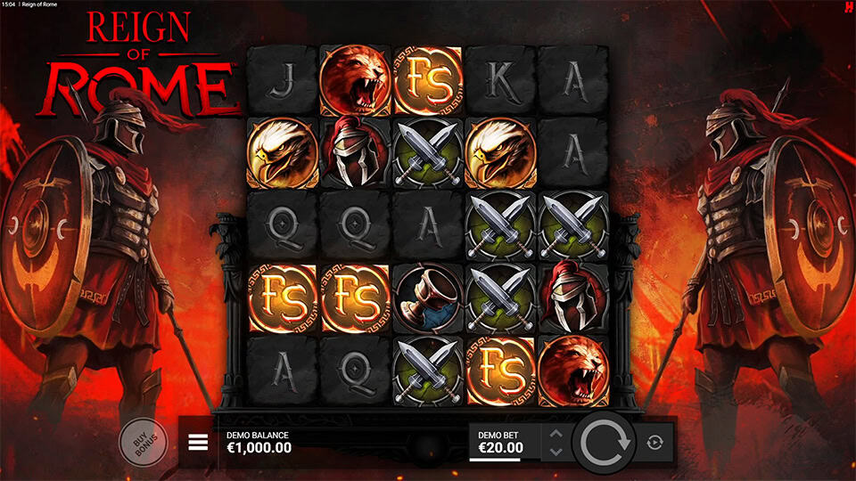 Reign of Rome grid with 4 FS scatter symbols to enter This is Rome bonus feature