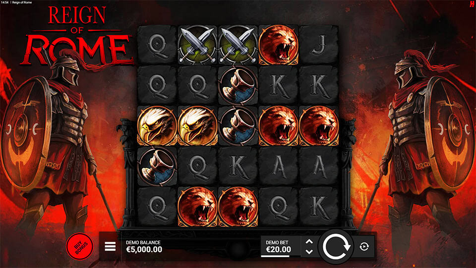 Reign of Rome base game screen showing 5 reels and dark Roman-themed symbols