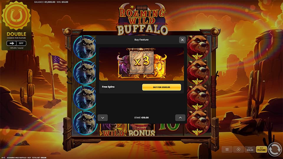 Buy Feature in Roaming Wild Buffalo slot allowing direct entry into the Free Spins Bonus for x60 the bet.