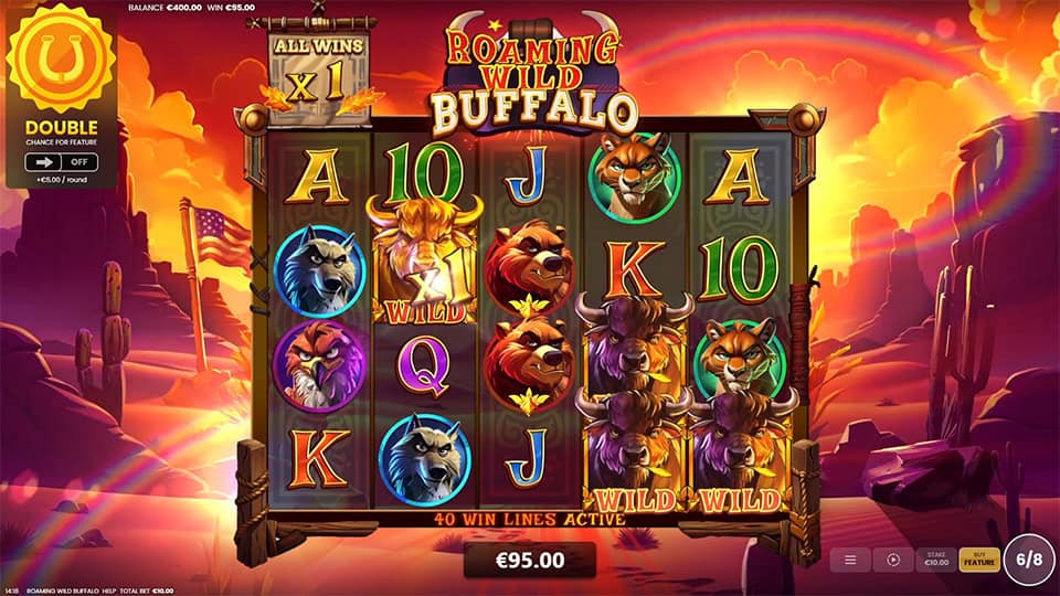 Four Wild symbols appearing in Roaming Wild Buffalo slot, including one special Golden Wild.