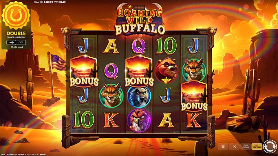 Three Scatter symbols appearing in Roaming Wild Buffalo slot, triggering the Free Spins bonus round.