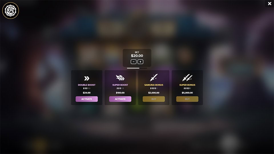 Buy Bonus feature in Samurai Dogs: Unleashed slot offering Super Bonus for 250x, Double Boost for 1.2x, Super Boost for 5x and Samurai Bonus for 100x the bet.