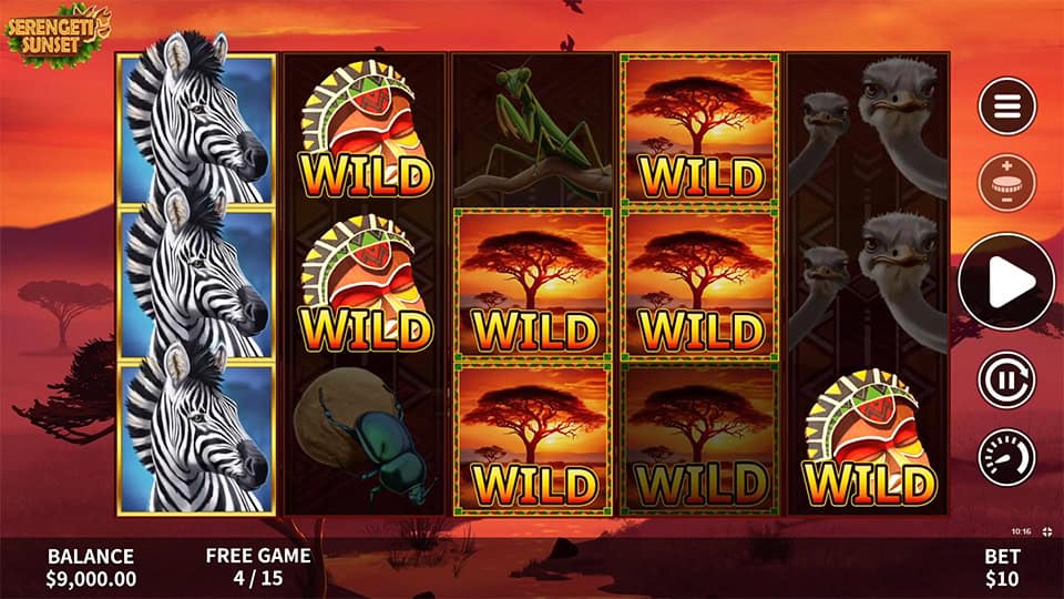 Wild symbols appearing on reels 2, 3, 4 and 5 in Serengeti Sunset slot.