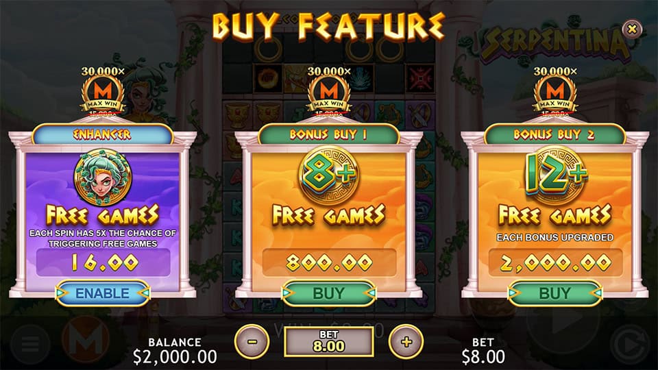 Buy Feature in Serpentina slot offering Game Enhancer for 2x the stake, Bonus Buy 1 for 100x and Bonus Buy 2 for 250x, guaranteeing Free Games at Maximum Level.
