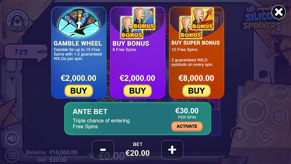 Xpress Bonus Buy in Silicon Spinners slot offering Gamble Wheel (x100 bet), Buy Bonus (x100 bet), Buy Super Bonus (x400 bet) and Ante Bet (1.5x bet).