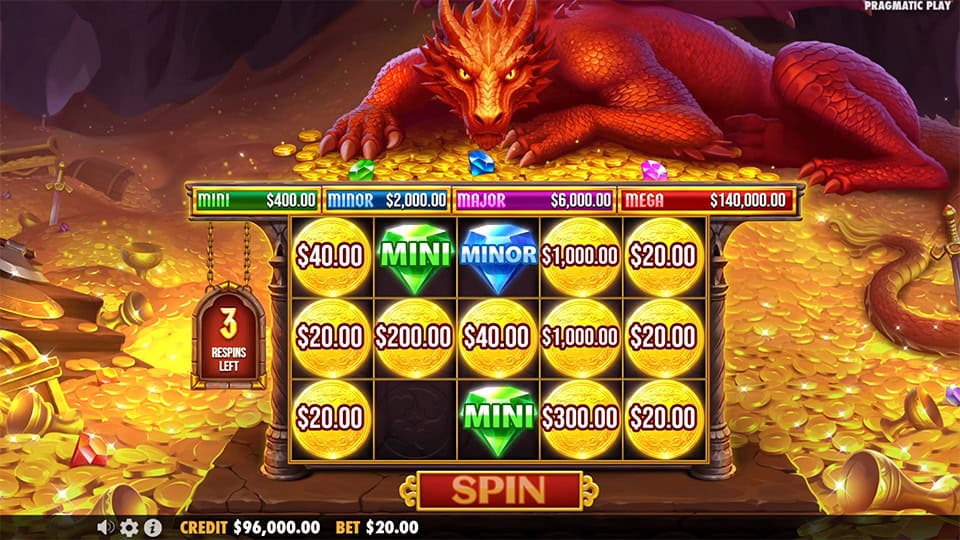 Respin feature in Sleeping Dragon displaying coin values along with Mini and Minor jackpot gems in a 3-respin countdown layout.