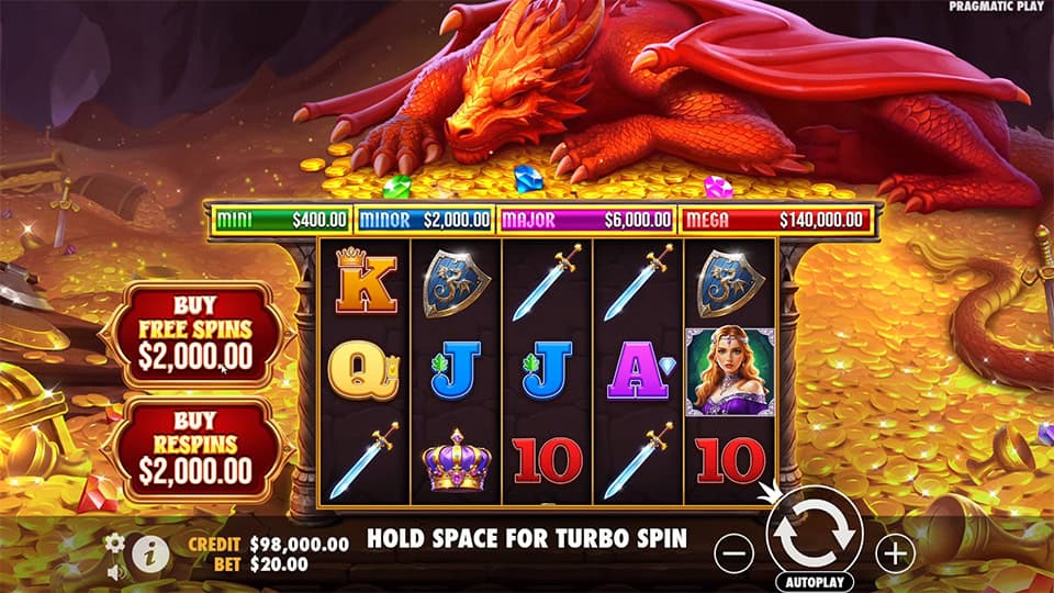 Base game screen of Sleeping Dragon showing five reels with medieval symbols and a red dragon sleeping atop golden coins.
