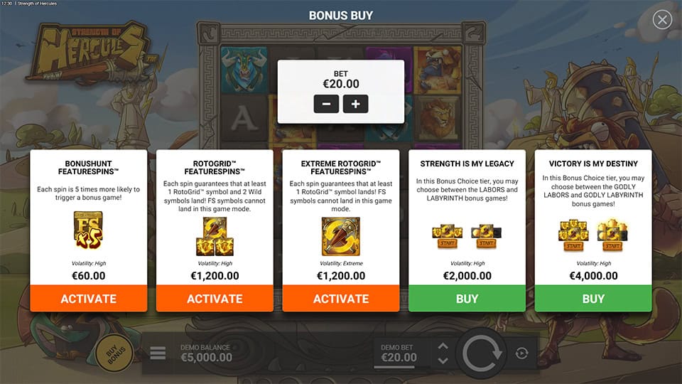 Bonus Buy feature in Strength of Hercules slot offering Bonushunt Featurespins for x3, RotoGrid Featurespins for x60, Extreme RotoGrid Featurespins for x60, Strength is My Legacy Free Spins for x100 and Victory is My Destiny Super Free Spins for x200 the bet.