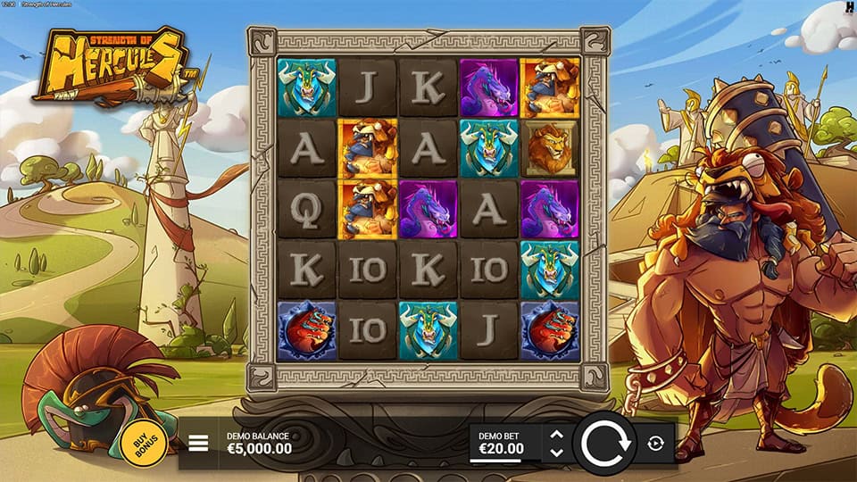 Preview of Strength of Hercules slot showing the reels and ancient Greek-themed symbols in action.