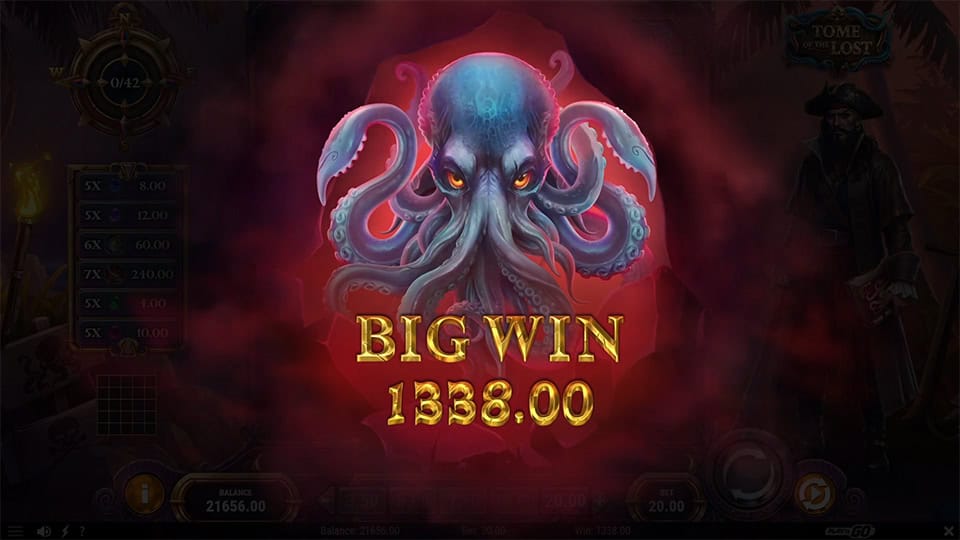Big Win screen in Tome of the Lost slot displaying a €1,338 payout.
