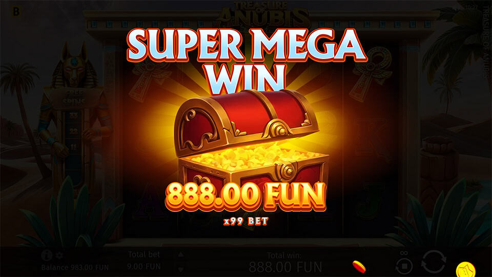 Treasure of Anubis slot game displaying a Super Mega Win of 888 with a glowing treasure chest.