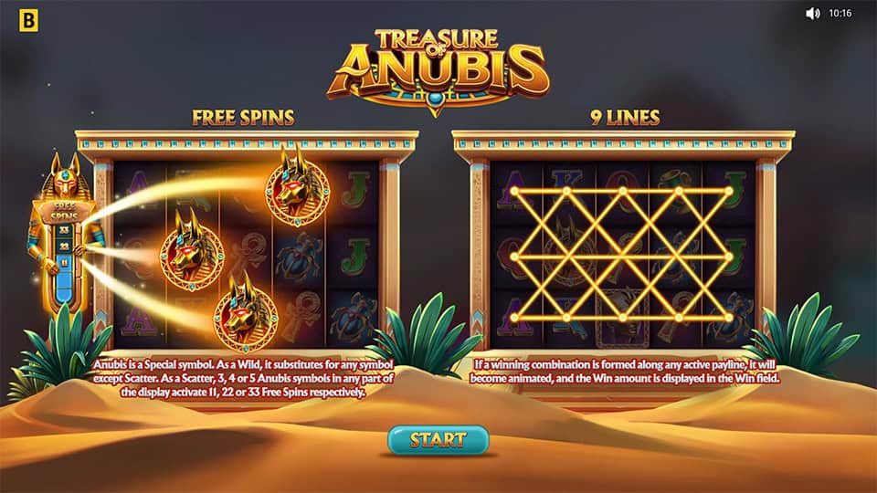Treasure of Anubis slot homepage explaining free spins and 9 paylines with an animated Anubis statue.