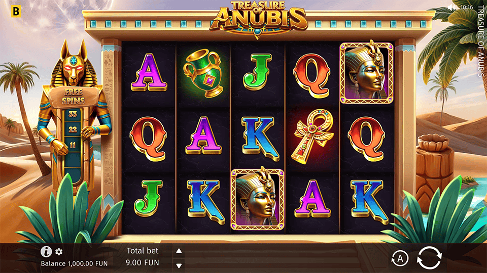 Gameplay preview of Treasure of Anubis, showing the reels with Egyptian symbols and an Anubis statue on the side.