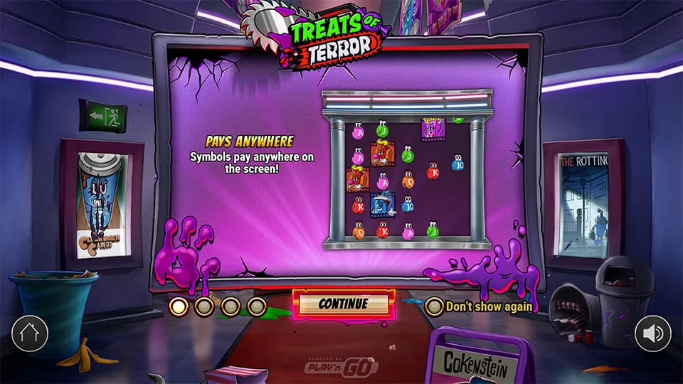 Feature screen from Treats of Terror slot highlighting the ‘pays anywhere’ mechanic