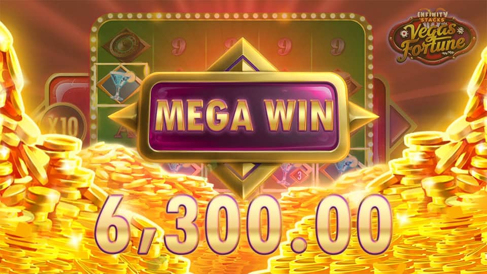 Vegas Fortune slot Mega Win animation displaying a 6,300.00 payout