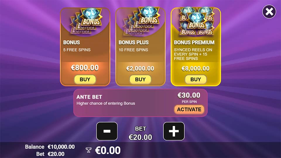 Vegas Fortune slot bonus buy menu offering Bonus, Bonus Plus and Bonus Premium with Ante Bet activation