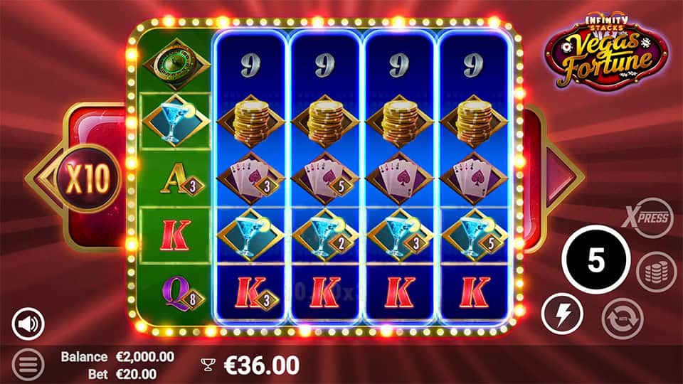 Vegas Fortune slot synced reels showing five matching columns with stacked wins